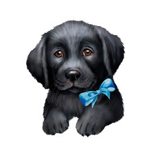 Watercolor Drawing With Black Labrador Puppy, Black Color, Pet, Dog, Fluffy Puppy, Puppy With Bow 