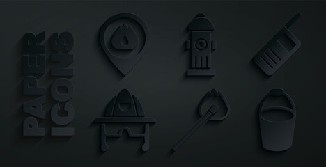 Sticker - Set Burning match with fire, Walkie talkie, Firefighter helmet, bucket, hydrant and Location flame icon. Vector