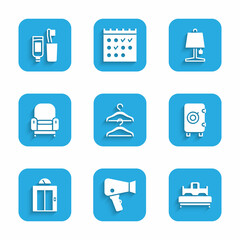 Poster - Set Hanger wardrobe, Hair dryer, Bedroom, Safe, Lift, Armchair, Table lamp and Toothbrush and toothpaste icon. Vector