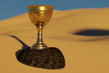 Wall Mural - Old copper chalice on a stone in the desert. 3D Render