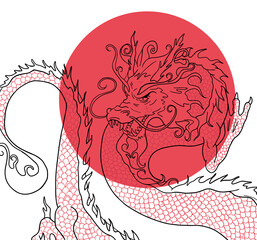 Wall Mural - hand drawn long vector dragon in red and white colours