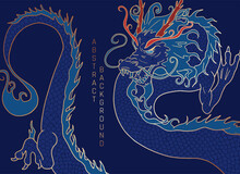 Hand Drawn Graphic Illustration With Chinese Dragon, Blue And Gold
