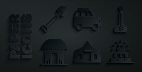 Wall Mural - Set Tourist tent, Arrow, African hut, Chichen Itza in Mayan, Car and Shovel icon. Vector