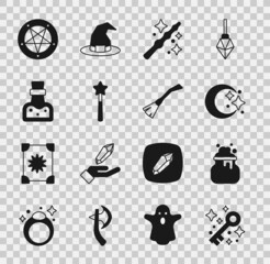 Sticker - Set Old magic key, Witch cauldron, Moon and stars, Magic wand, Bottle with potion, Pentagram in circle and Witches broom icon. Vector