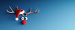 © hd3dsh - Reindeer with red nose and Santa hat on blue Christmas background 3D Rendering, 3D Illustration