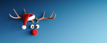 Reindeer With Red Nose And Santa Hat On Blue Christmas Background 3D Rendering, 3D Illustration