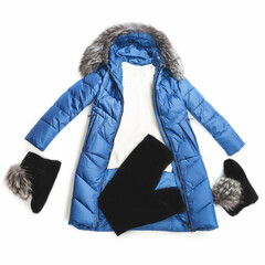 Set of beautiful winter female clothes on white background. women winter fashion concept. Jacket , trousers, boots