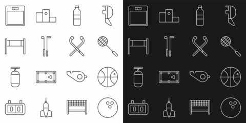 Sticker - Set line Bowling ball, Basketball, Tennis racket, Bottle of water, Golf club, Volleyball net, Bathroom scales and Ice hockey sticks icon. Vector