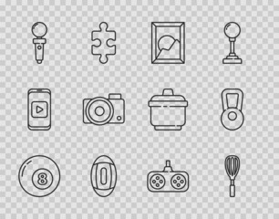 Poster - Set line Billiard pool snooker ball, Kitchen whisk, Picture landscape, American Football, Joystick for arcade machine, Photo camera, Gamepad and Kettlebell icon. Vector