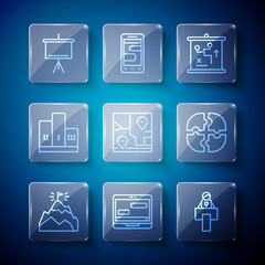 Poster - Set line Mountains with flag, Chat messages on laptop, Stage stand or tribune, Planning strategy concept, Folded map location, Award over winner podium, Chalkboard and Piece of puzzle icon. Vector