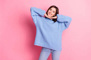 Sticker - Portrait of attractive cute cheerful brown-haired girl posing good mood isolated over pink pastel color background