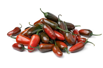 Wall Mural -  Heap of fresh red and green Jalapeno peppers close up isolated on white background