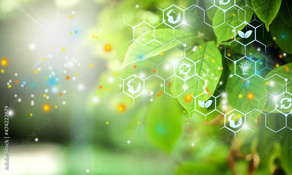 Biocomponents Background Plants green background with biochemistry structure. Stock Photo ...