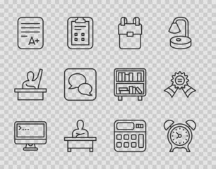 Poster - Set line Computer monitor, Alarm clock, School backpack, Schoolboy sitting at desk, Exam sheet with plus grade, Speech bubble chat, Calculator and Medal icon. Vector