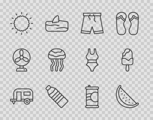 Wall Mural - Set line Rv Camping trailer, Watermelon, Swimming trunks, Bottle of water, Sun, Jellyfish, Soda can and Ice cream icon. Vector