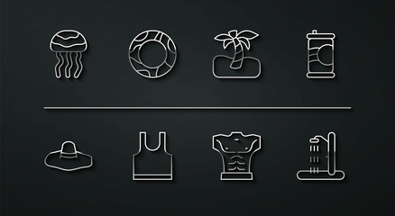 Sticker - Set line Jellyfish, Elegant women hat, Soda can, Bodybuilder muscle, Sleeveless T-shirt, Rubber swimming ring, Beach shower and Tropical palm tree icon. Vector