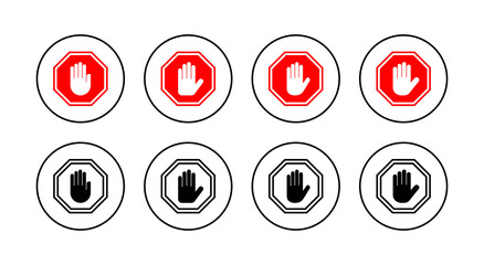 Stop icons set. stop road sign. hand stop sign and symbol. Do not enter stop red sign with hand