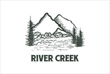 Mountain With River Creek And Pine Evergreen Conifer Fir Cypress Larch Trees Forest Logo Design Vector