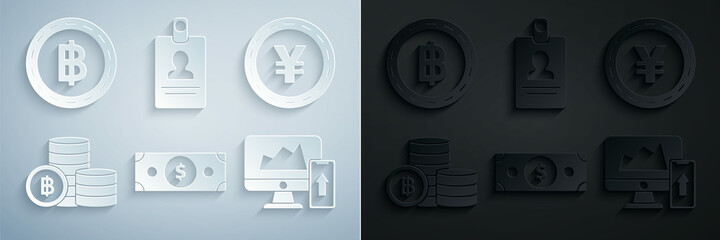 Canvas Print - Set Stacks paper money cash, Coin with Yen symbol, Cryptocurrency coin Bitcoin, Financial chart or graph the computer monitor and mobile phone, Identification badge and icon. Vector