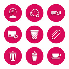 Sticker - Set Trash can, Flowers in pot, Coffee cup flat, Paper clip, Folder settings with gears, Presentation, movie, film, media projector and Web camera icon. Vector