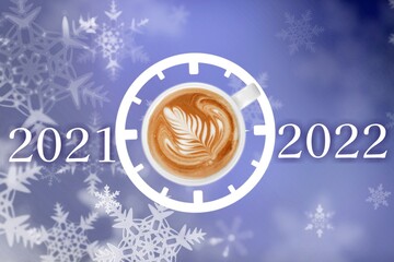 Wall Mural - Happy new year 2022. Cup of coffee change 2021 to 2022 on the background. Start concept