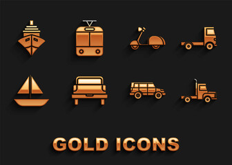 Sticker - Set Pickup truck, Delivery cargo vehicle, Off road, Yacht sailboat or sailing ship, Scooter, Cargo and Tram and railway icon. Vector