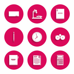 Poster - Set Clock, File document and paper clip, Calculator, Ringing alarm bell, Notebook, Pencil with eraser, and Chalkboard icon. Vector