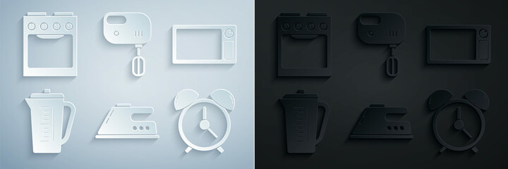 Sticker - Set Electric iron, Microwave oven, Measuring cup, Alarm clock, mixer and Oven icon. Vector