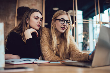 Wall Mural - Focused young women searching information through laptop