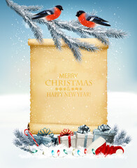 Aufkleber - Holiday Christmas background with Santa Hat and a gift boxes and old paper and red bullfinches on branch of a christmas tree. Vector