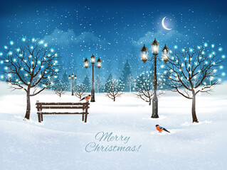 Aufkleber - Holiday Christmas and Happy New Year background with evening landscape and trees with garland. Vector