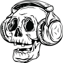Hand Drawn Human Skull Wearing Headphones. Isolated Vector On Light Background