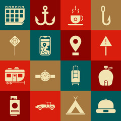 Sticker - Set Beanie hat, Canteen water bottle, Exclamation mark in triangle, Coffee cup, City map navigation, Parking, Calendar and Location icon. Vector