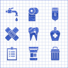 Sticker - Set Broken tooth, Medicine bottle, Trash can, Bottle of liquid antibacterial soap, Clipboard with checklist, Crossed bandage plaster, Electrical hair clipper or shaver and Water tap icon. Vector