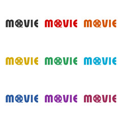 Sticker - Movie Film reel icon isolated on white background, color set