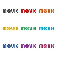 Sticker - Movie Film reel icon isolated on white background, color set