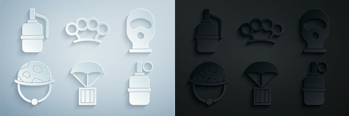 Wall Mural - Set Airdrop box, Balaclava, Military helmet, Hand grenade, Brass knuckles and icon. Vector