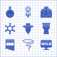 Sticker - Set Cowboy, Lasso, Pointer to wild west, Drum, Pan flute, Hexagram sheriff, Gold bars and Canteen water bottle icon. Vector