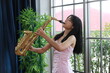 young musician woman person playing saxophone music instrument, female saxophonist