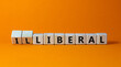 © Dzmitry - Illiberal or liberal symbol. Turned wooden cubes and changed the word illiberal to liberal. Beautiful orange background. Business, political and illiberal or liberal concept. Copy space.