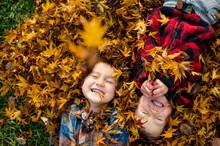 Smiling Boys Lying In Leaf Pile