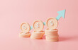 green up arrow and coin stacks on pink background. Financial success and growth concept. 3d rendering. Financial news. Trading stock news impulses. Market movements concept charts up. Growth economy