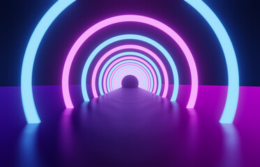 Wall Mural - 3d rendering of glowing neon ring and dark blue-purple background. cyber futuristic high speed light
