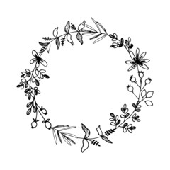 Wall Mural - Wreath of simple twigs with different leaves. Black lines on white background, sketch, Doodle style. Hand drawn vector illustration with copy space