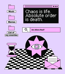 Abstract retrofuturistic collage with user interface elements looking like a program or a computer game. Vaporwave style aesthetics.