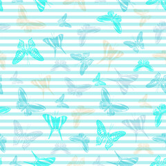 Flying butterfly silhouettes over striped background vector seamless pattern.