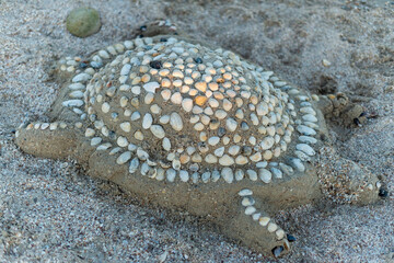Wall Mural - Turtle made of sand and shells on the beach