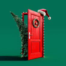 Christmas Fir Tree Enters The Red Door Decorated With Lights And Santa Hat On Green Background 3D Rendering, 3D Illustration