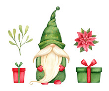 Cute Christmas Gnome With Christmas Bouquet,gift Boxes, Green Hat.Watercolor Illustration Isolated On White Background.