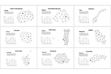 Set line maps. North Macedonia, Northen Irlands, Norway, Poland, Portugal, Scotland, Romania, Slovakia, Serbia.